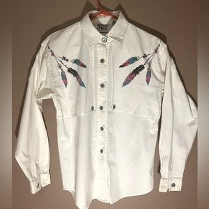 Adobe Rose white button down shirt with feather design.